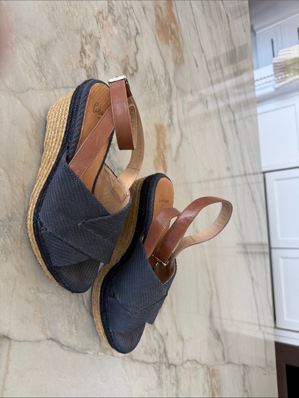 Castaner Woven Navy Espadrille Wedge Sandals with Brown Ankle Strap